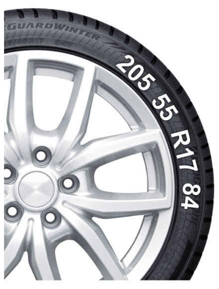 Alloy wheel with the tyre size 205 55 R17 84 printed on the tyre sidewall